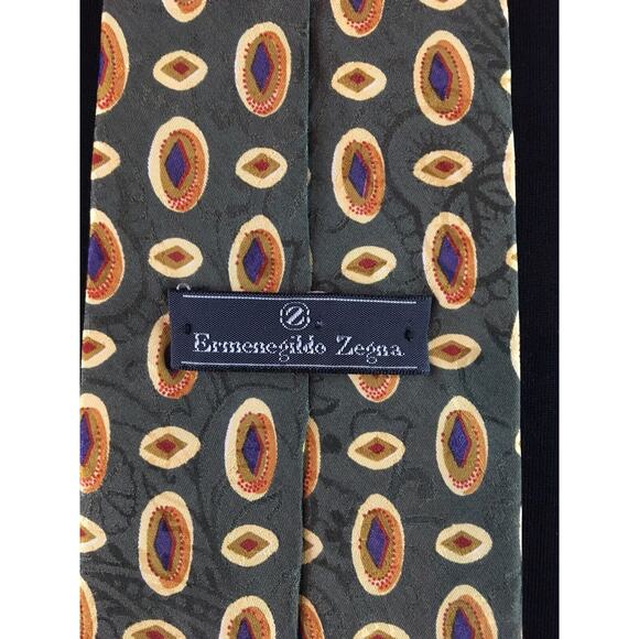 Ermenegildo Zegna silk olive geometric 55.25" x 3.75" designer tie ties necktie - Picture 3 of 10